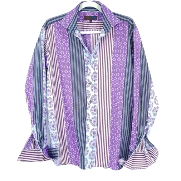Ted Baker London Purple Striped Mixed Print Collared Button Up Shirt Men's 42 - Picture 1 of 11